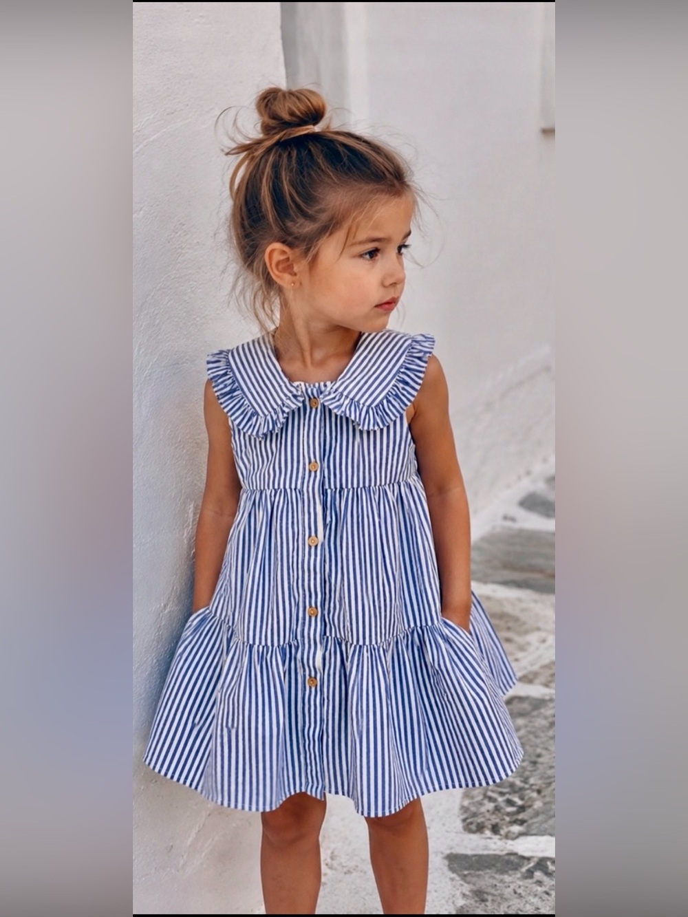 Zara Blue and White Striped Ruffle-Collar Dress